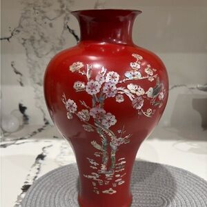 Cherry Blossom Red brass Vase with mother of pearl insets.
